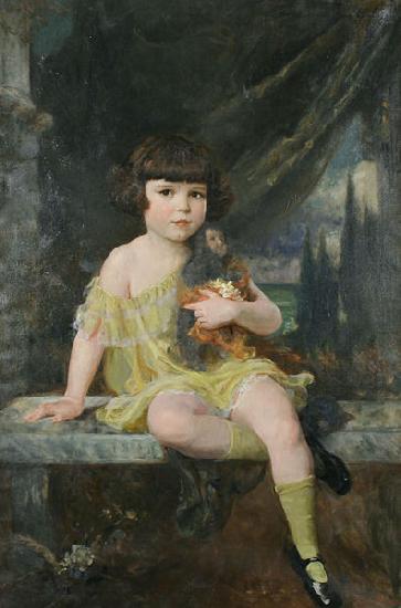 Douglas Volk Young Girl in Yellow Dress Holding her Doll